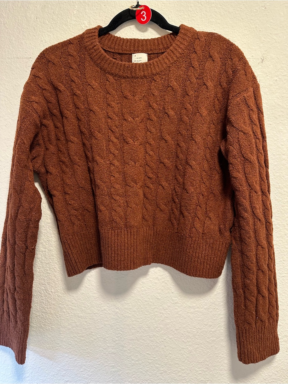A New Day Women’s M Rust Brown Cable Knit Cropped Crewneck Sweater Fall